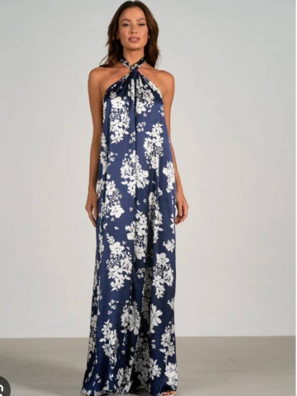 Elan Navy Blue White Floral Halter Neck Maxi Dress Open Back Boho Resort, Large